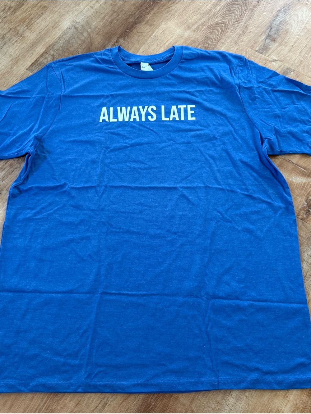Always Late Blue Graphic Tee NWOT.  One size fits most